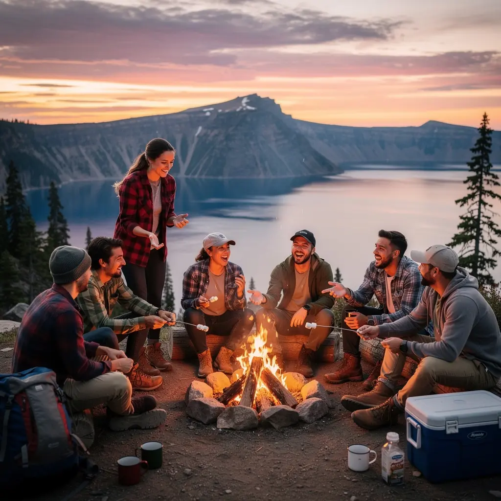 Зимний пейзаж вокруг кратерного озера, покрытого белоснежным снегом.