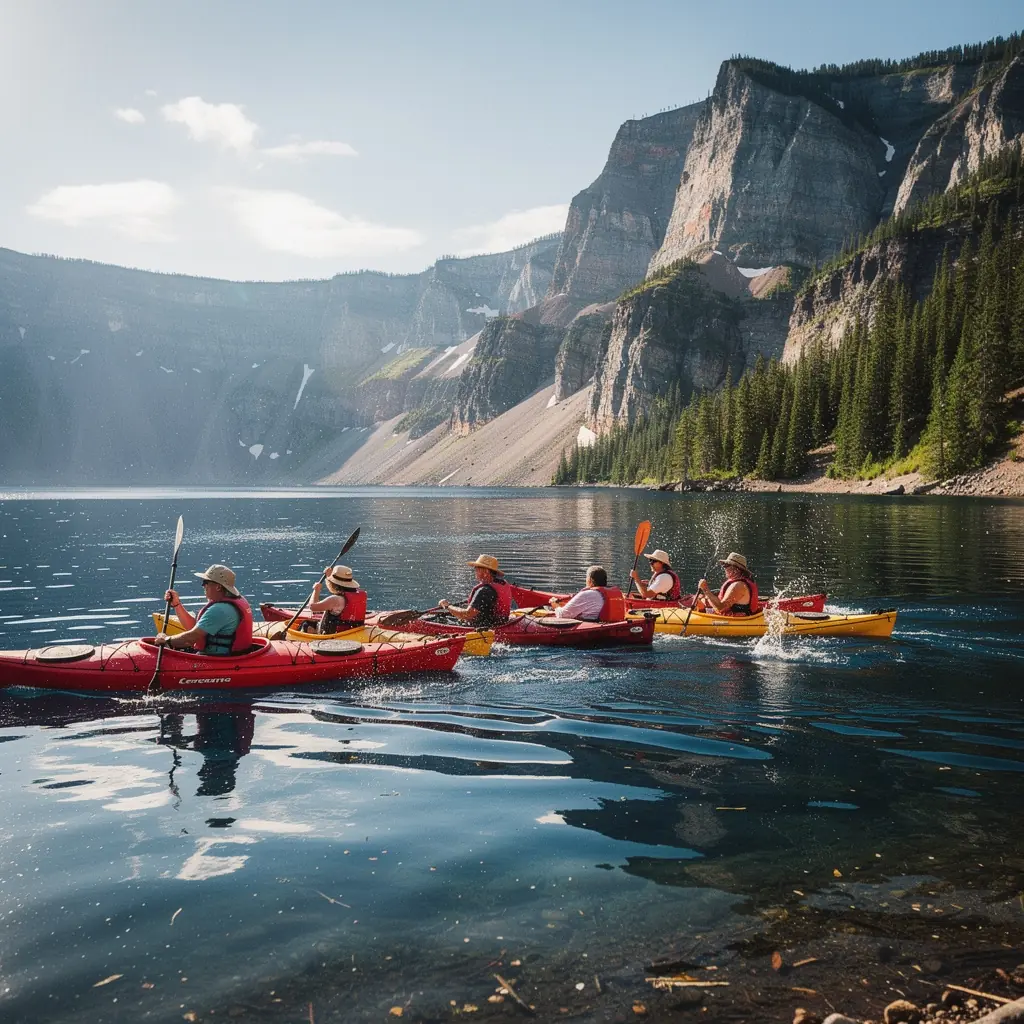 Зимний пейзаж вокруг озера Кратер, покрытого снежным покровом, с соснами на переднем плане.