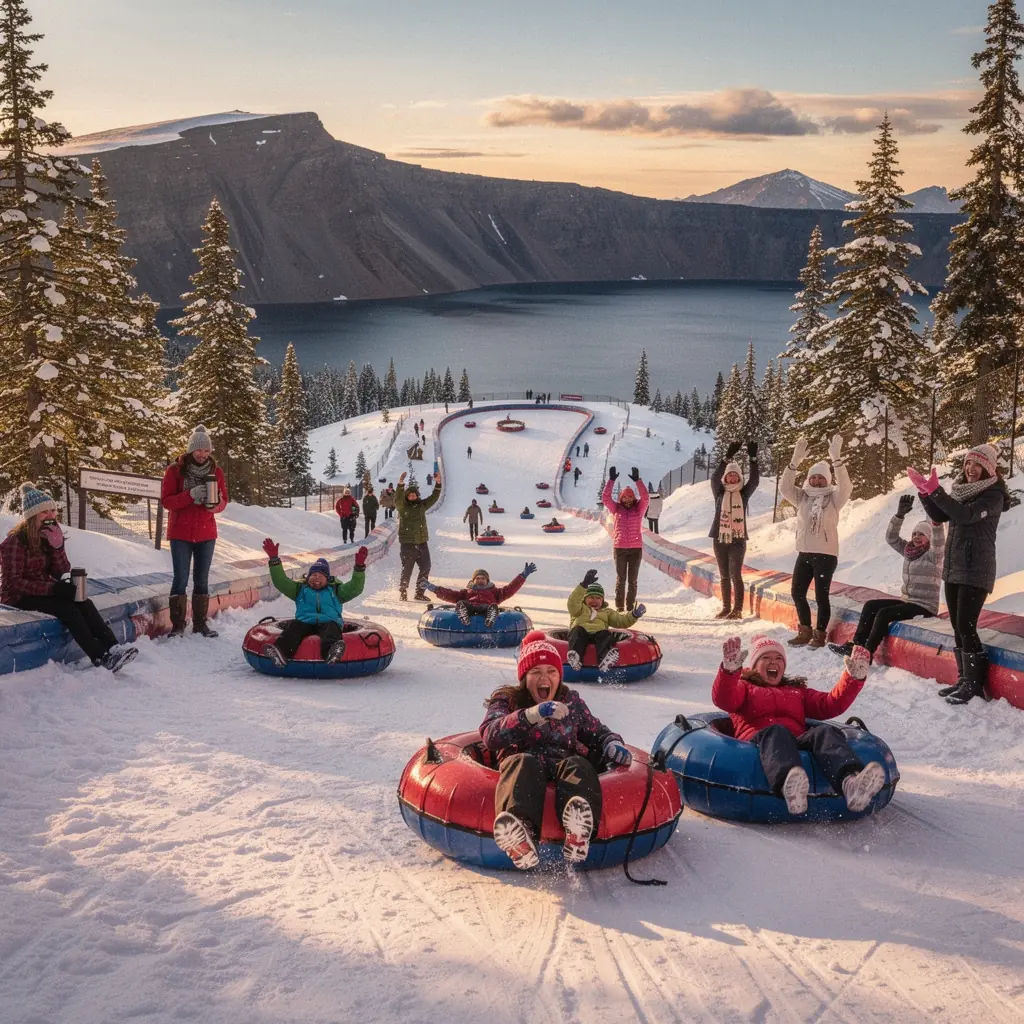 Зимний пейзаж вокруг кратера, покрытый снежным покровом и соснами.