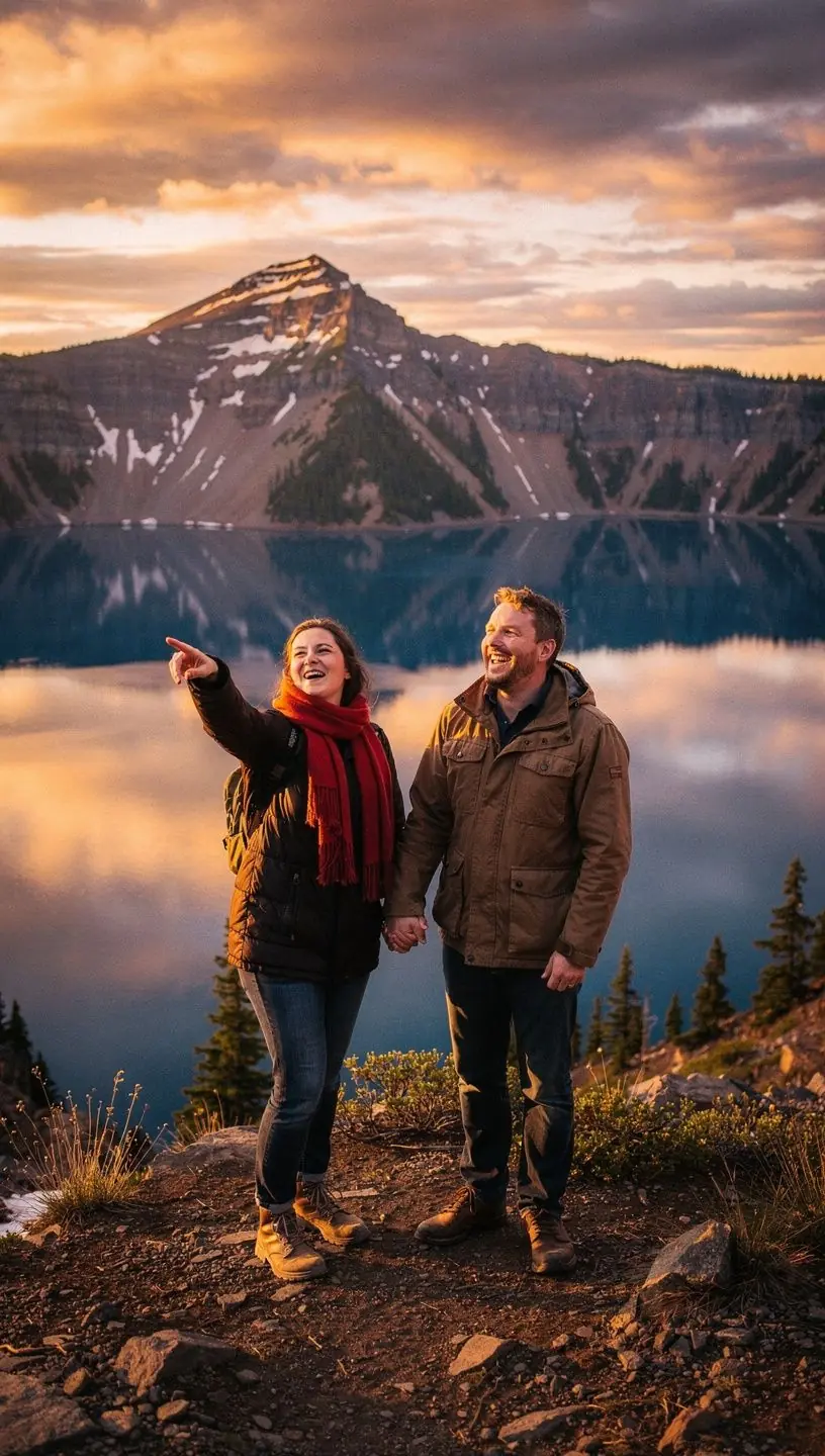Красивая панорама кратера с ярко-синими водами озера.