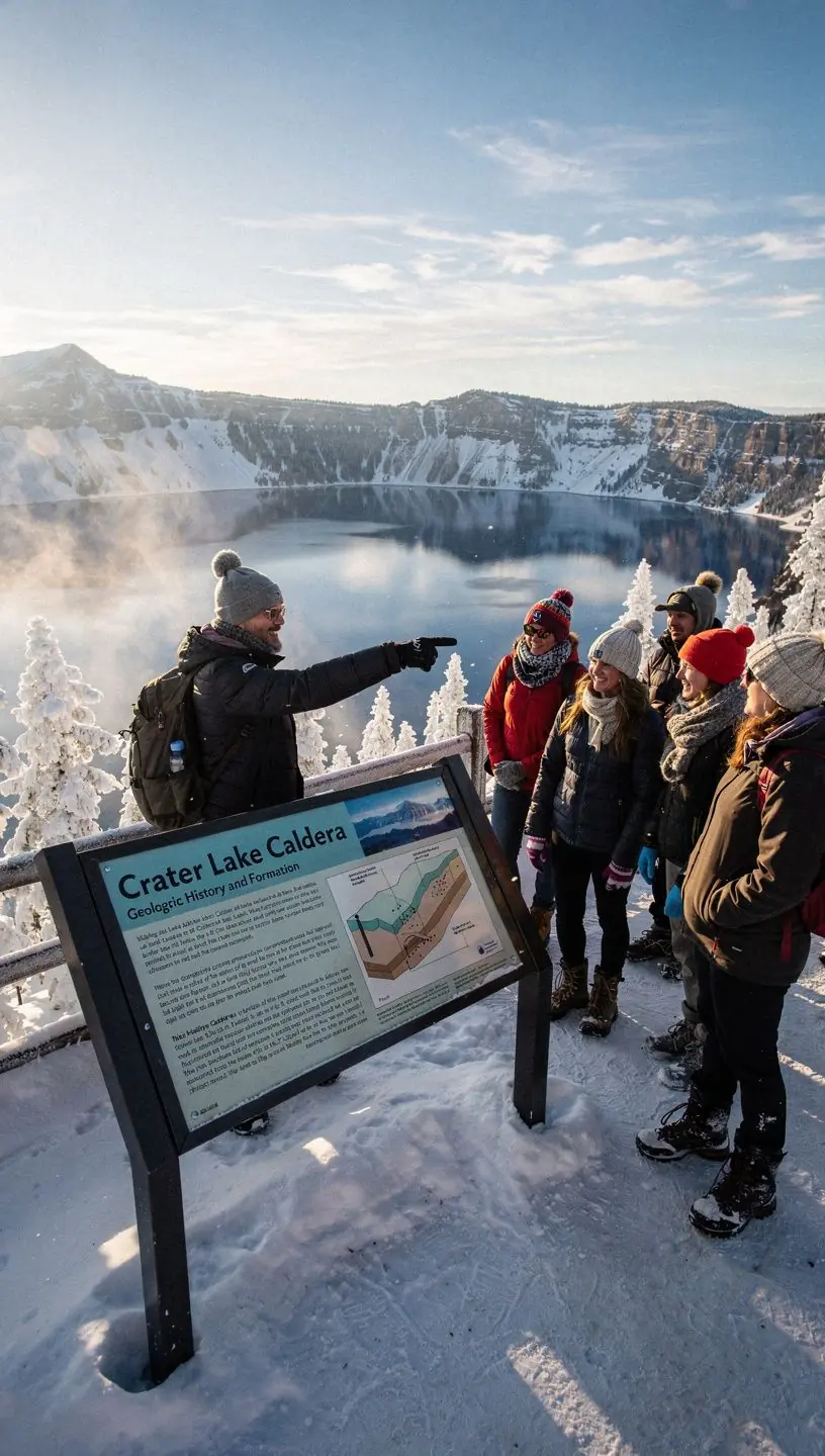 Кратерное озеро с ярко-синими водами, окруженное величественными скалами.