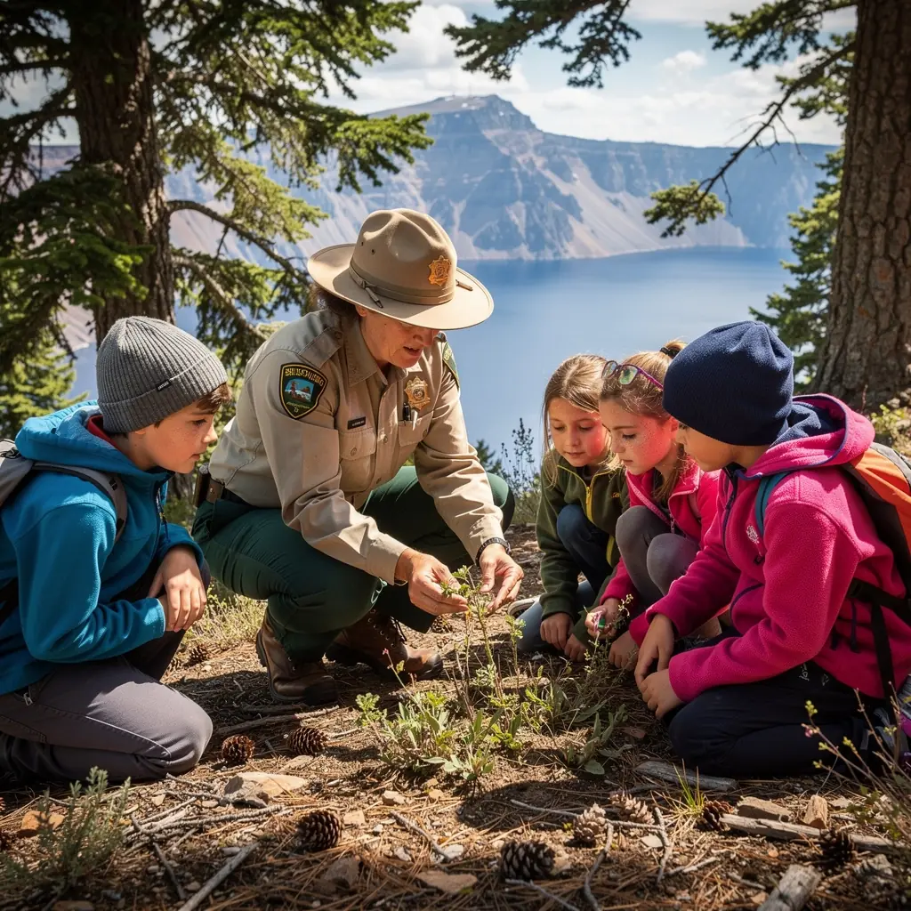 Вид на озеро Кратер с его кристально чистыми голубыми водами и окружением вулканических скал.
