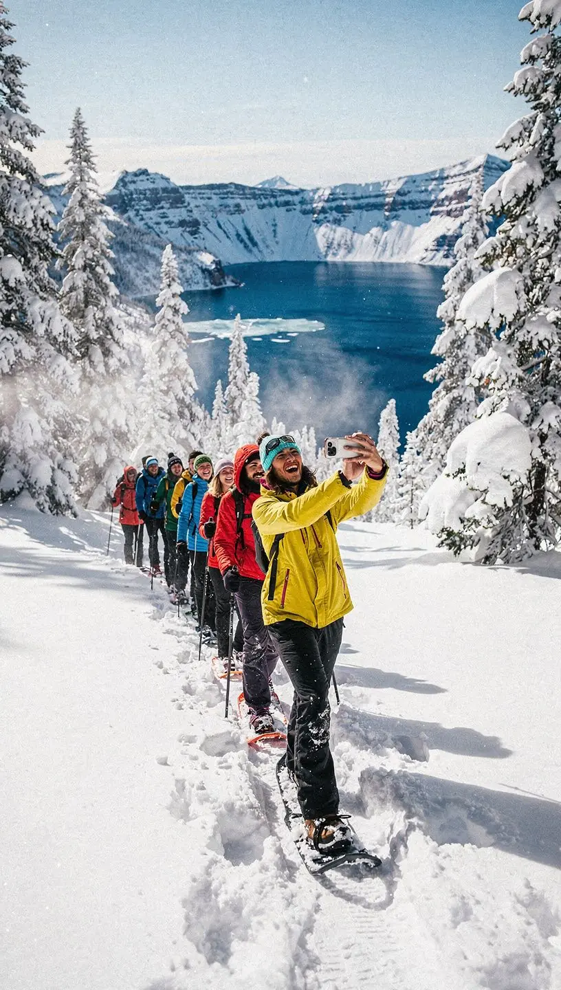 Группа туристов на экскурсии по краю кратера.