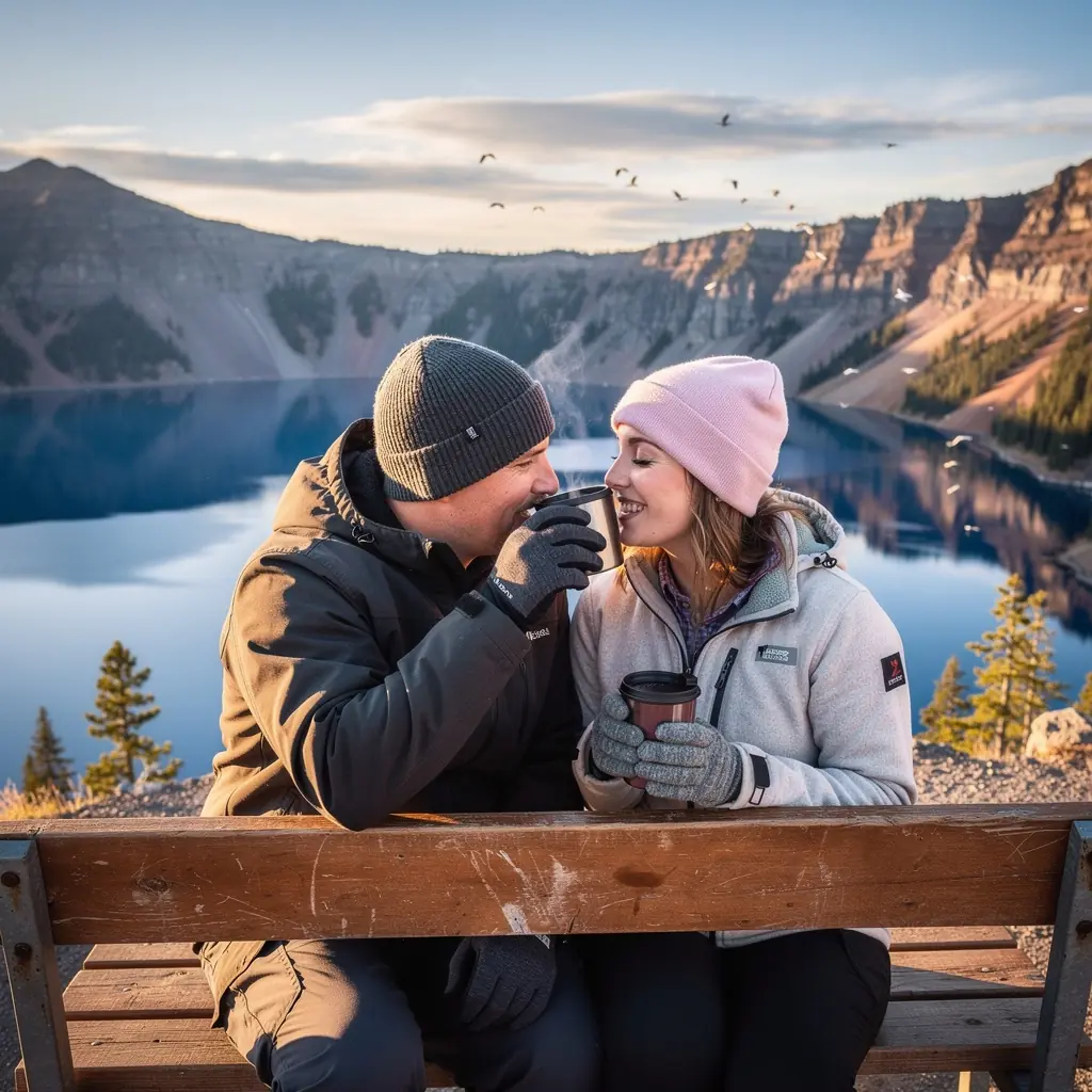 Солнечный день на краю кальдеры с панорамным видом на озеро.