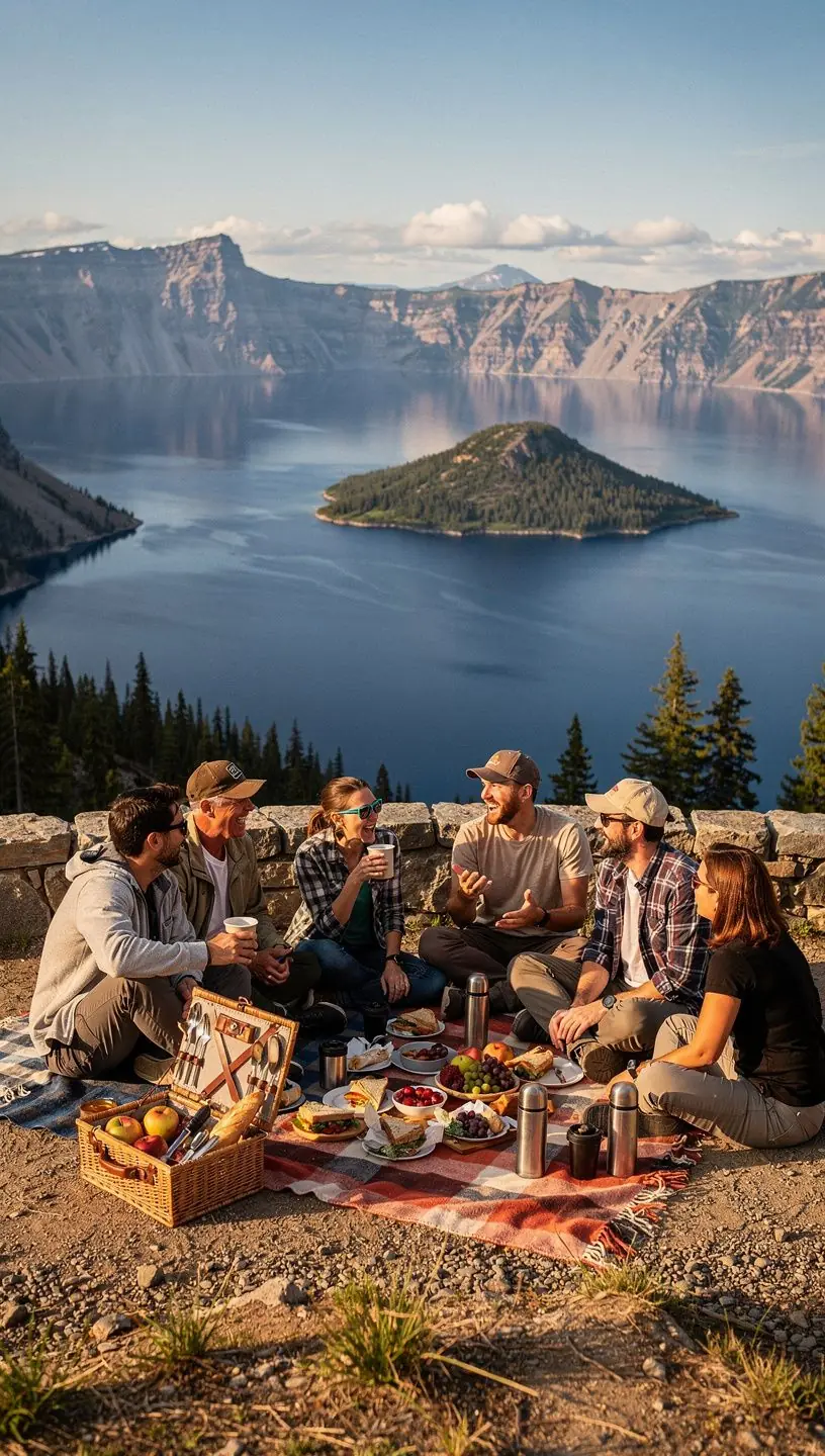 Экскурсия по краю кратера с живописными видами на озеро и окружающие горы.