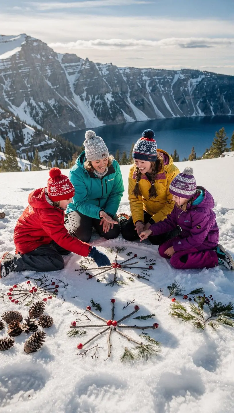Зимний пейзаж вокруг озера с покрытыми снегом деревьями и горными вершинами.