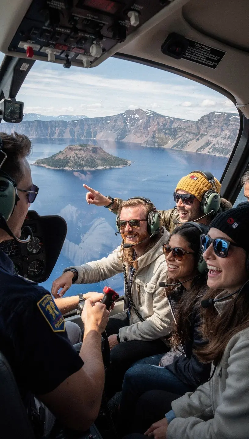 Групповая экскурсия по краю кальдеры с туристами, наслаждающимися панорамными видами.