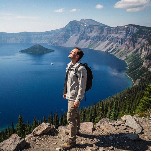 Люди, наслаждающиеся зимними видами на озеро Кратер, катаясь на снегоступах.