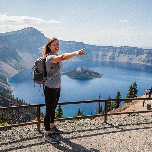 Ландшафт озера Кратер в осенний период с яркими цветами листвы на фоне голубой воды.