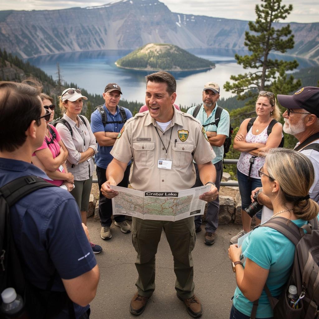 Солнечный день на краю кратера, туристы делают фотографии великолепного пейзажа.