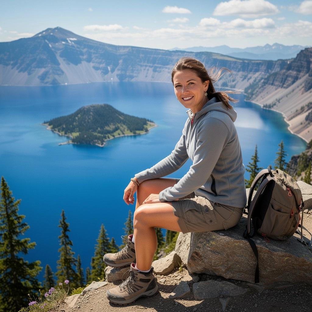 Зимний закат над озером Кратер с отражением в спокойной воде и снежными склонами.