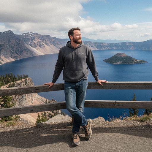 Автомобильная дорога, извивающаяся вдоль берега озера Кратер с захватывающими видами на природу.